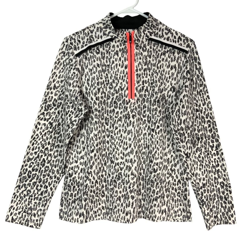Tail Leopard Print White Black Quarter Zip Top L Mock Neck Long Sleeve Neon Trim